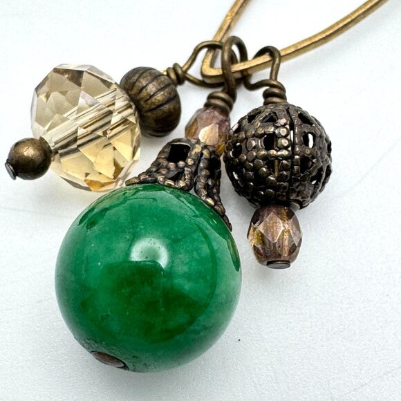 Handmade Green Gemstone & Bronze Dangle Earrings With Crystal Beads - Picture 3 of 7